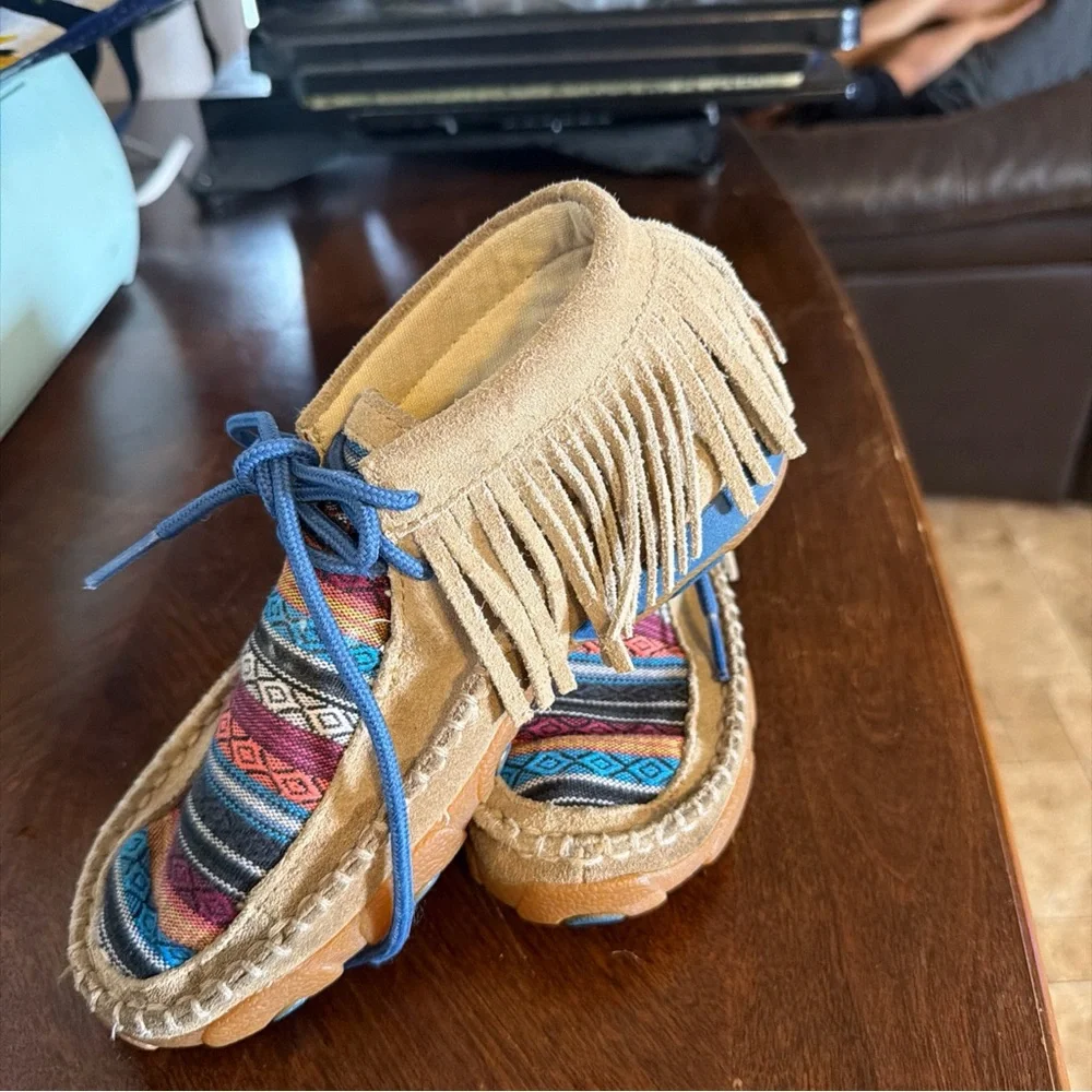 Twisted X Kids Moccasins with Multicolor Pattern and Blue Laces
